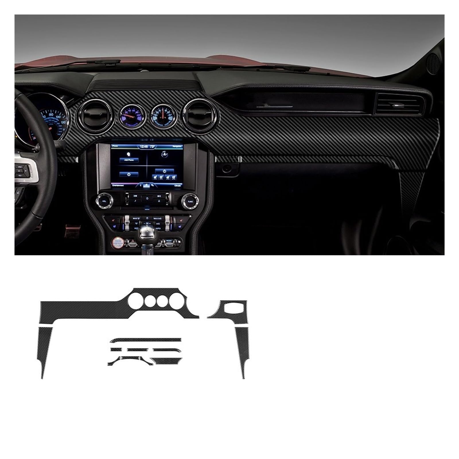 for Mustang 2015 2016 2017 2018 2019 2020 2021 2022 Carbon Fiber Car Dashboard Panel Interior Trim Sticker RHD LHD Car Trim Interior(4 Holes RHD)