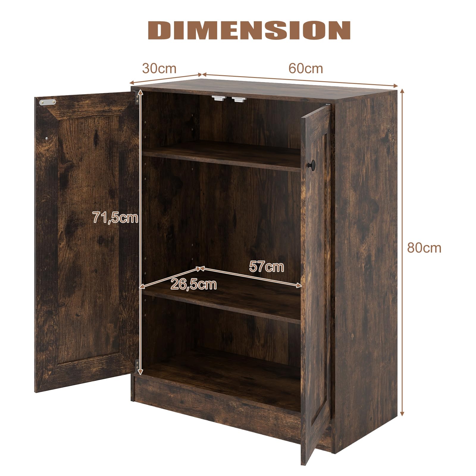 KOMFOTTEU Credenza Cucina con 2 Ante, Mobile Cucina Dispensa con 2 Ripiani Regolabili e Kit Antiribaltamento, Mobiletto per Soggiorno, Sala da Pranzo, Camera da Letto, Ingresso, 60x30x80cm (Marrone)