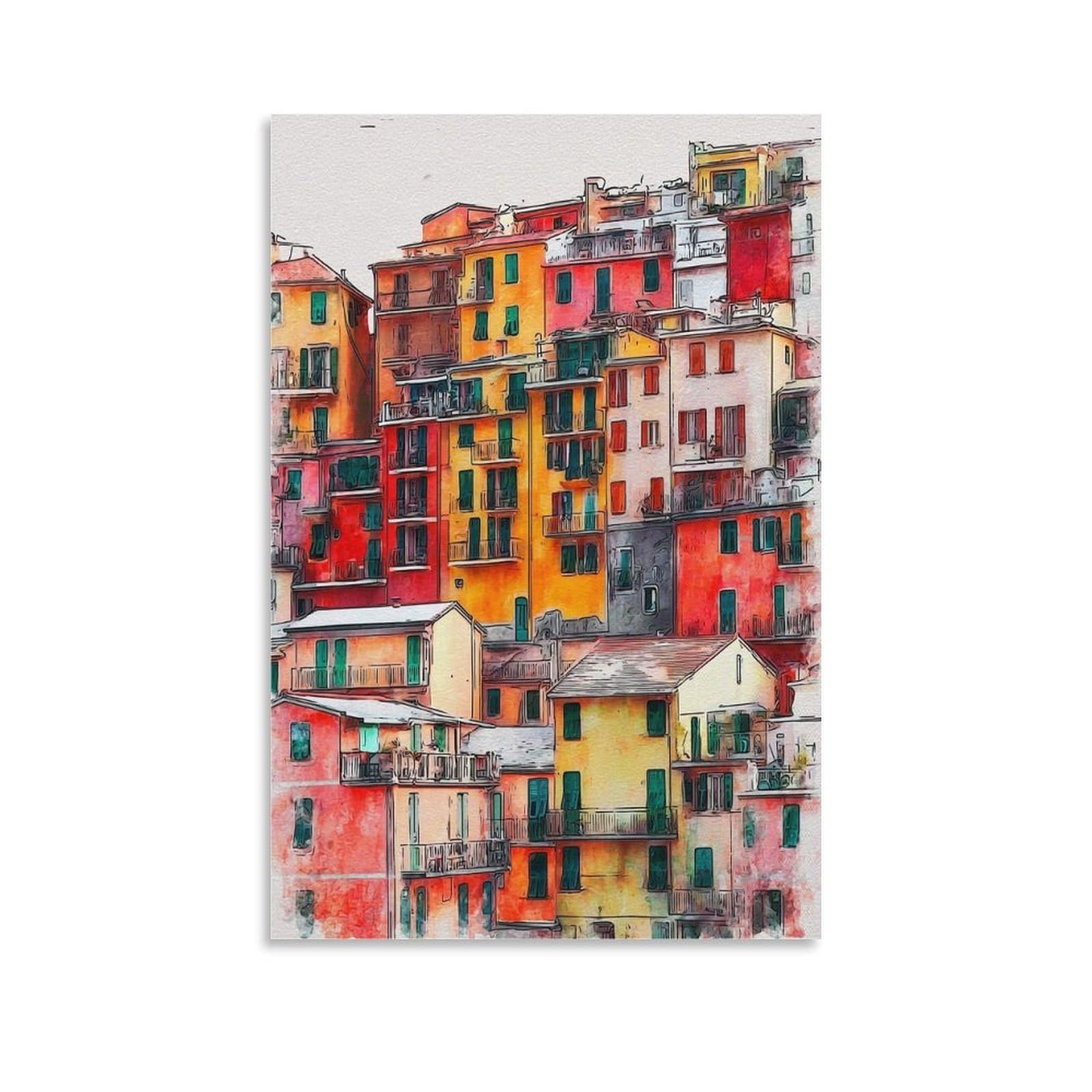 Lcynnh Unframe-Style Manarola Italy 08X12inch(20X30cm) Vintage Travel Poster Watercolor Canvas Art