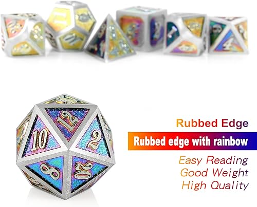 Miniatura 4 de DND - Dados de metal, 7 troqueles metálicos sólidos de DNDND con caja de metal de regalo para Dungeons and Dragons D&D (borde frotado con color