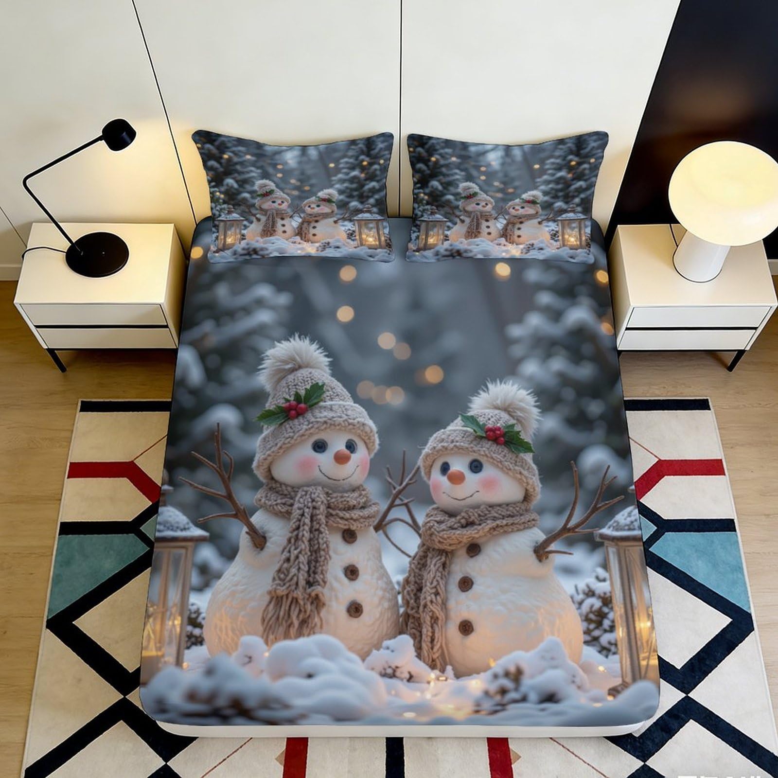 3D Printed Snowman Winter Fitted Sheet Microfiber Soft Mattress Cover for Bedroom Guest Room Decor Protection 90x200x25cm