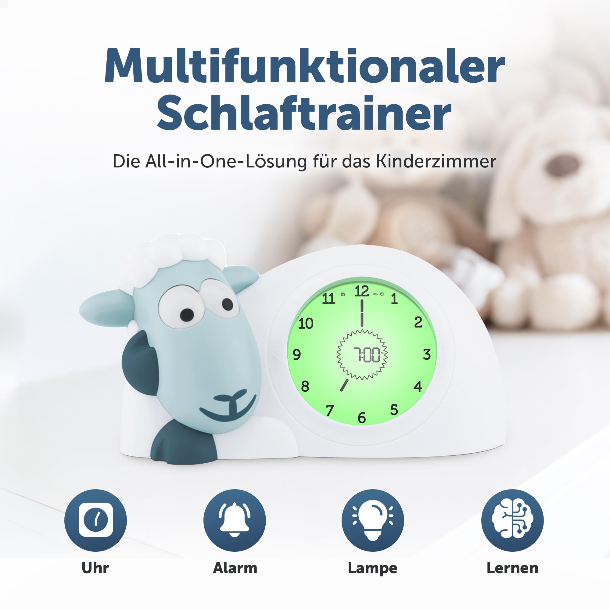 ZAZU Sam The Lamb Uhr – Schlafcoach Uhr und Nachtlicht für Kinder | Bringt Ihrem Kind mit visuellen Indikatoren bei, wann es aufwachen soll | Einstellbare Helligkeit | Automatische Abschaltung (Blau)