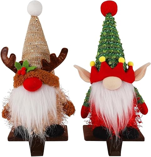 Miniatura 7 de Juegoal Paquete de 2 soportes para calcetines de gnomos de Navidad para manto, colgadores de calcetines de Navidad, figuras de gnomos de elfo y