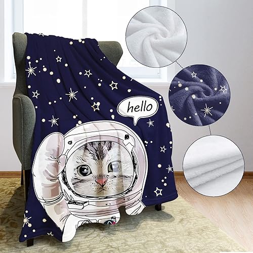 Miniatura 4 de YISUMEI Manta de forro polar con diseño de gato astronauta con diseño de cielo estrellado azul, suave, cálida y acogedora para niños y adultos, 50 x