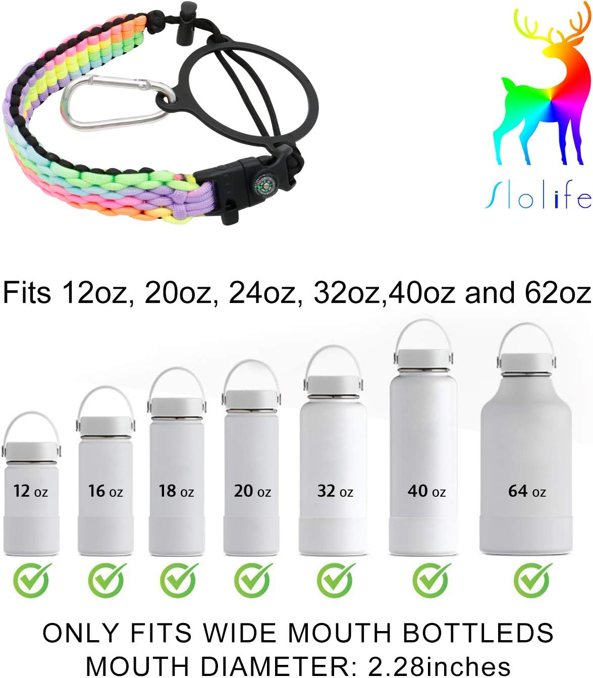 slolife Handle for Hydro Flask Water Bottle - Paracord Handle with Safety Ring Carabiner Strap Cord for Wide Mouth Bottle Multicolor 12-64oz