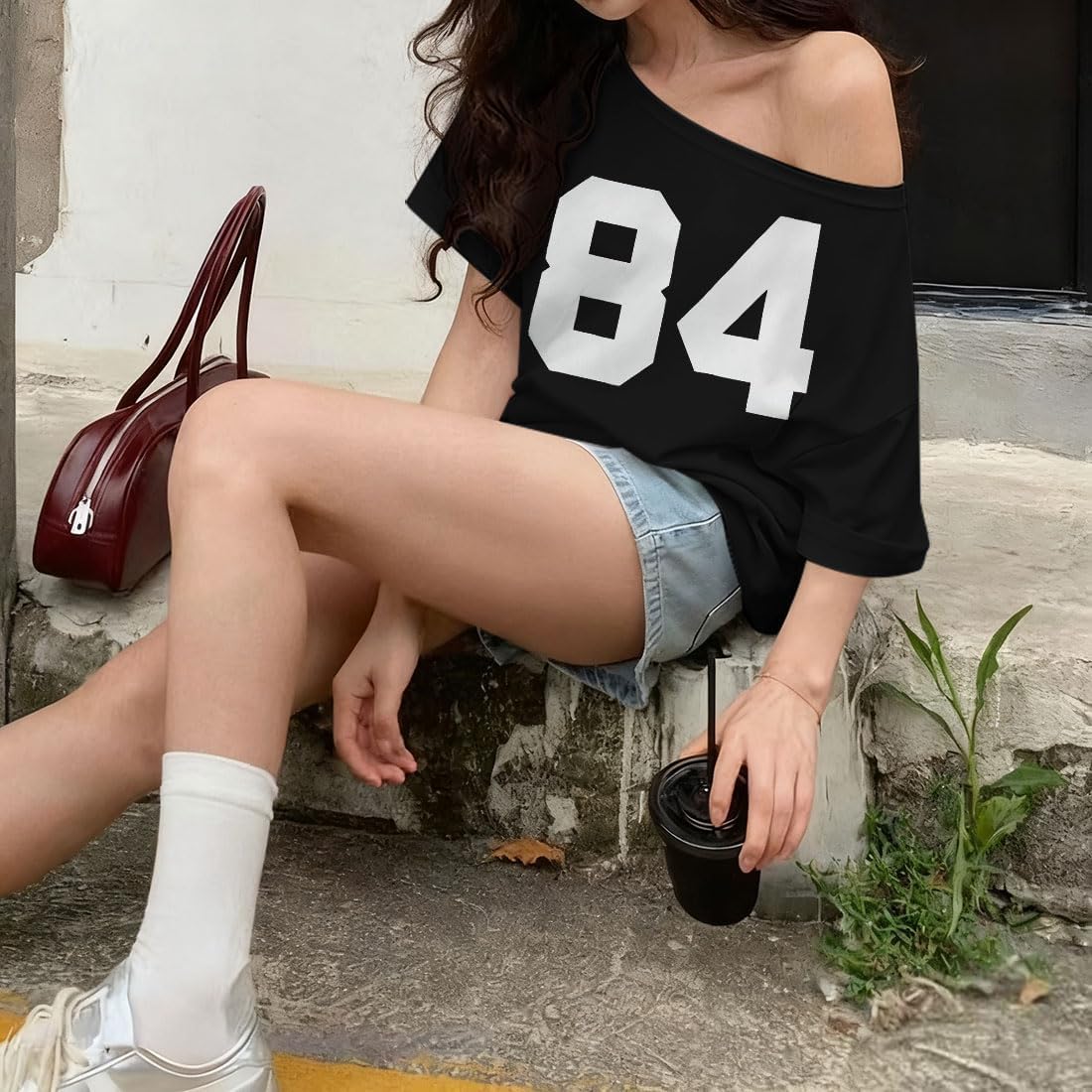 KIDDAD Off The Shoulder Tops for Women Number Graphic Clothes for Teen Girls Oversized Y2K Jersey Cute Baggy Shirts - Image 6