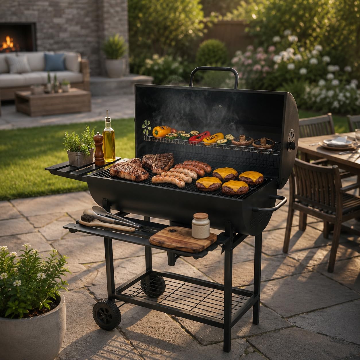 Barbacoa de Carbón – Parrilla de Acero con Ventilación Regulable, Rejilla Superior para Verduras, Estante Inferior, Mango Resistente al Calor, Gran Superficie de Cocina