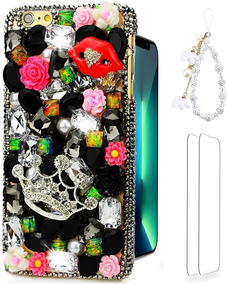 Glitter Design Phone Case for Samsung Galaxy A53 5G - Girls Women 3D Luxury Shiny Bling Protective Cover with Screen Protector, White Floral Pearl Crystal Phone Strap - Black Lips Crown