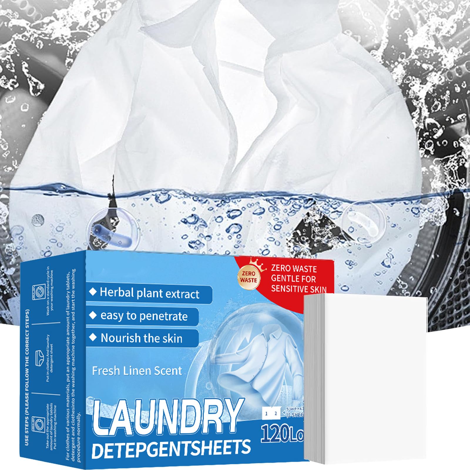 Détergent à lessive de voyage 120 charges, feuilles de savon en papier pour laver les vêtements de voyage, feuilles de nettoyage du linge avec parfum de lin frais, ingrédients naturels (3box)