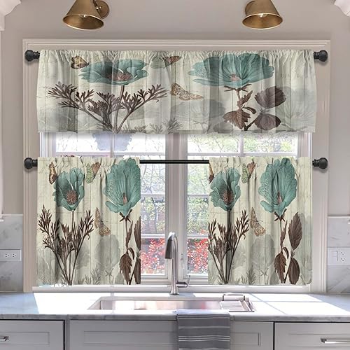 MCALK Juego de cortinas de cocina florales y cenefas de 3 piezas para ventanas, juego de cortinas de ventana de cocina, cenefas con textura de