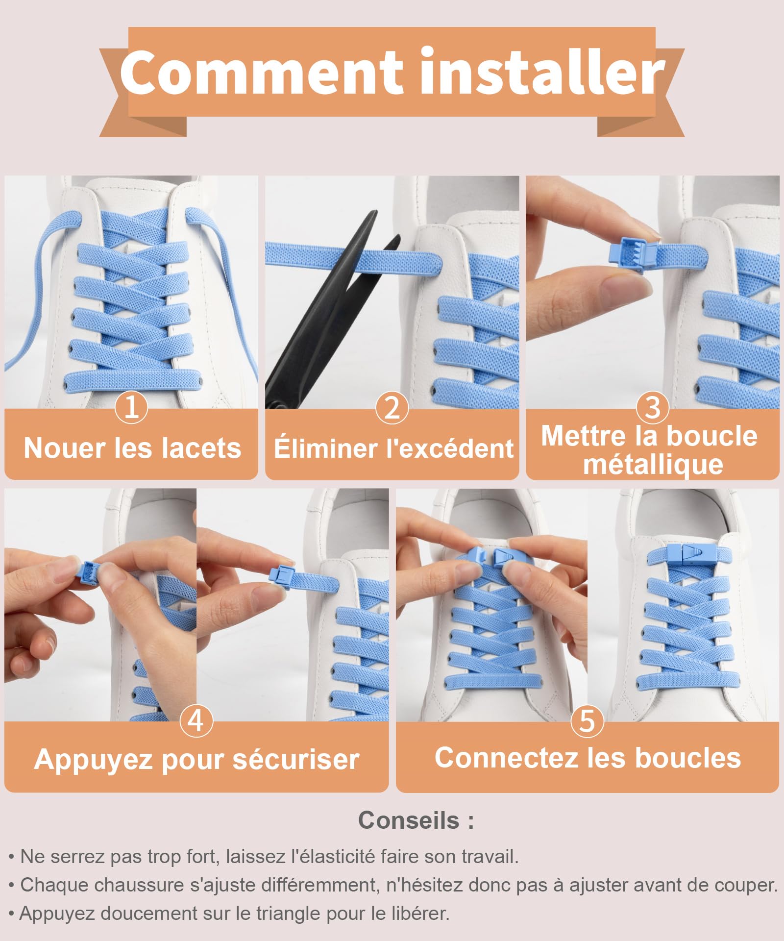 Lacets Élastiques 8mm Sans Laçage Stepace 2 Paires Enfants Adultes