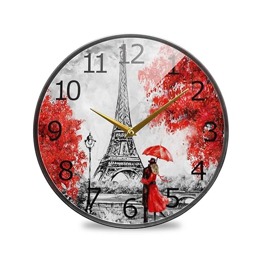 ALAZA Oil Painting Paris European Eiffel Tower Red Tree Acrylic Painted Silent Non Ticking Round