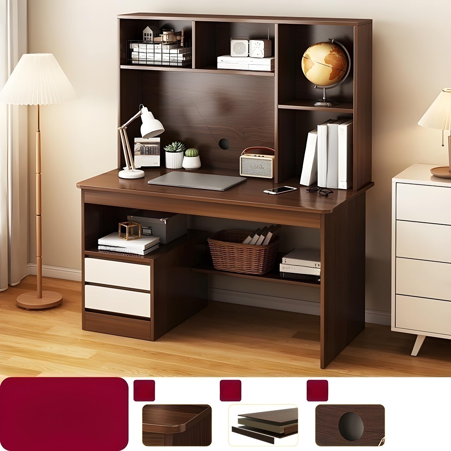 Nowoczesne biurko z brązowego drewna Credenza z szufladami i półkami - stylowy stół do biura domowego 89 cm dł. x 40 cm szer. x 132 cm wys. idealny do nowoczesnych przestrzeni roboczych bez krzeseł w