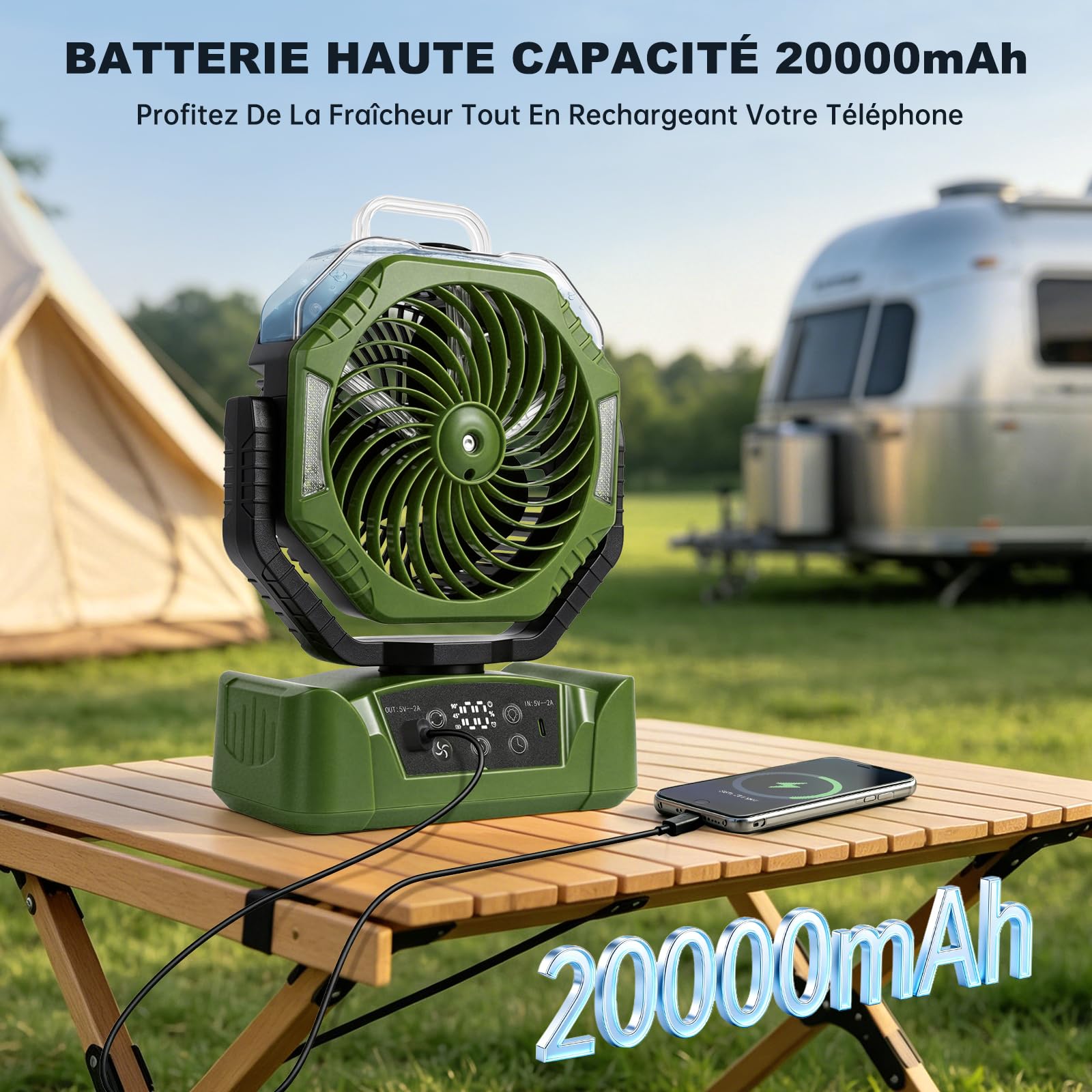 JONRRYIN Ventilateur Camping, Ventilateur Batterie Rechargeable 20000mAh avec Brumisateur, Ventilateur Portable Silencieux avec Lumière, 6 Vitesses & Rotation 270° pour Outdoor & Maison (Vert)
