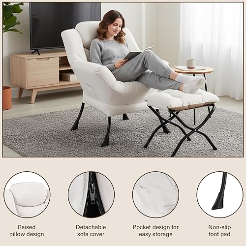 Miniatura 149 de Welnow Silla Lazy con otomana, moderna silla de descanso con reposabrazos y un bolsillo lateral, sillón para sofá de ocio, sillón de lectura