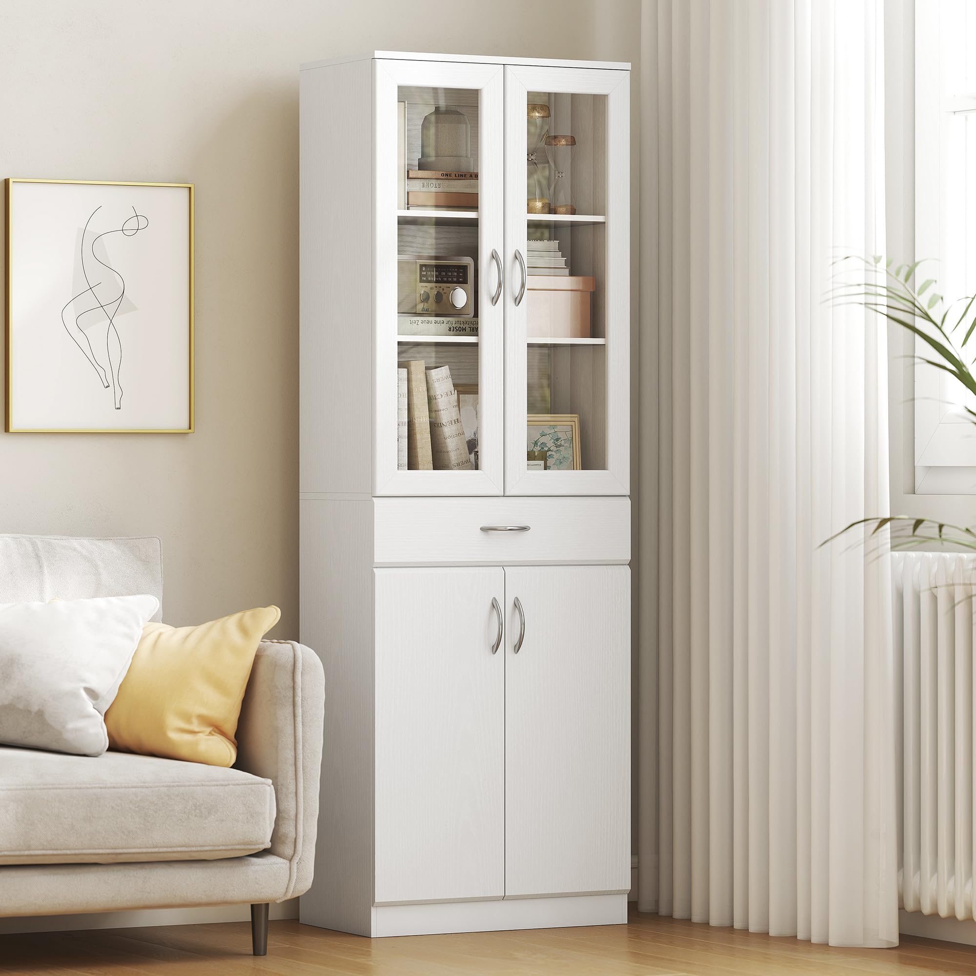 HOMCOM Credenza Cucina Alta 180cm, Mobile Dispensa con Ante in Vetro Soft-Close, Cassetto, 2 Armadietti, Ripiani Regolabili, Mobile Cucina Moderno per Sala da Pranzo Soggiorno, Bianco