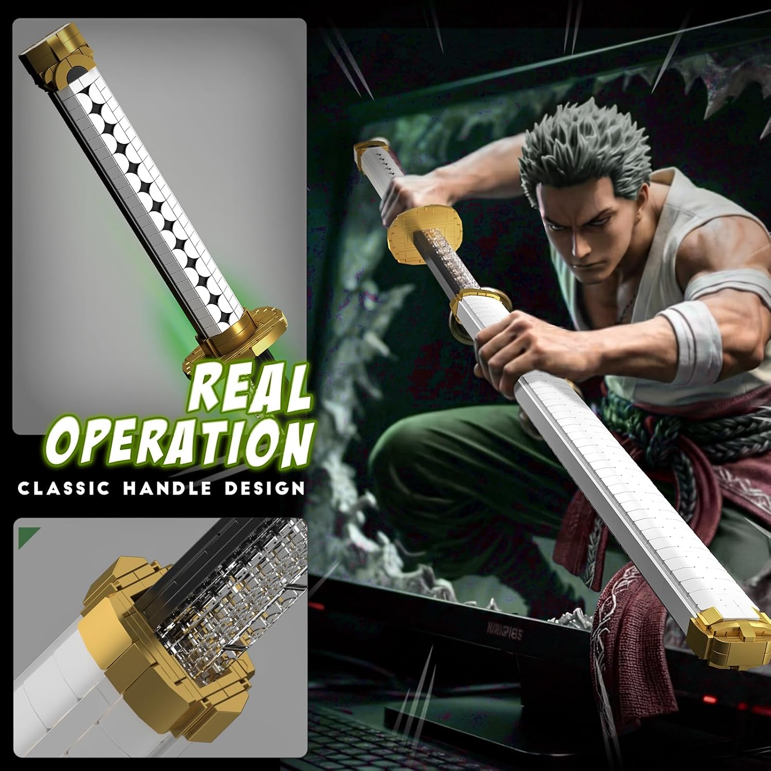 Mould King 10258 Zoro Sword Building Set, 39.17" Lightsaber Model with Rechargeable LED Light & Display Stand, DIY Assembly STEM Kit for Adults, Creative Collectible Sci-Fi Toy & Cosplay Gift Idea
