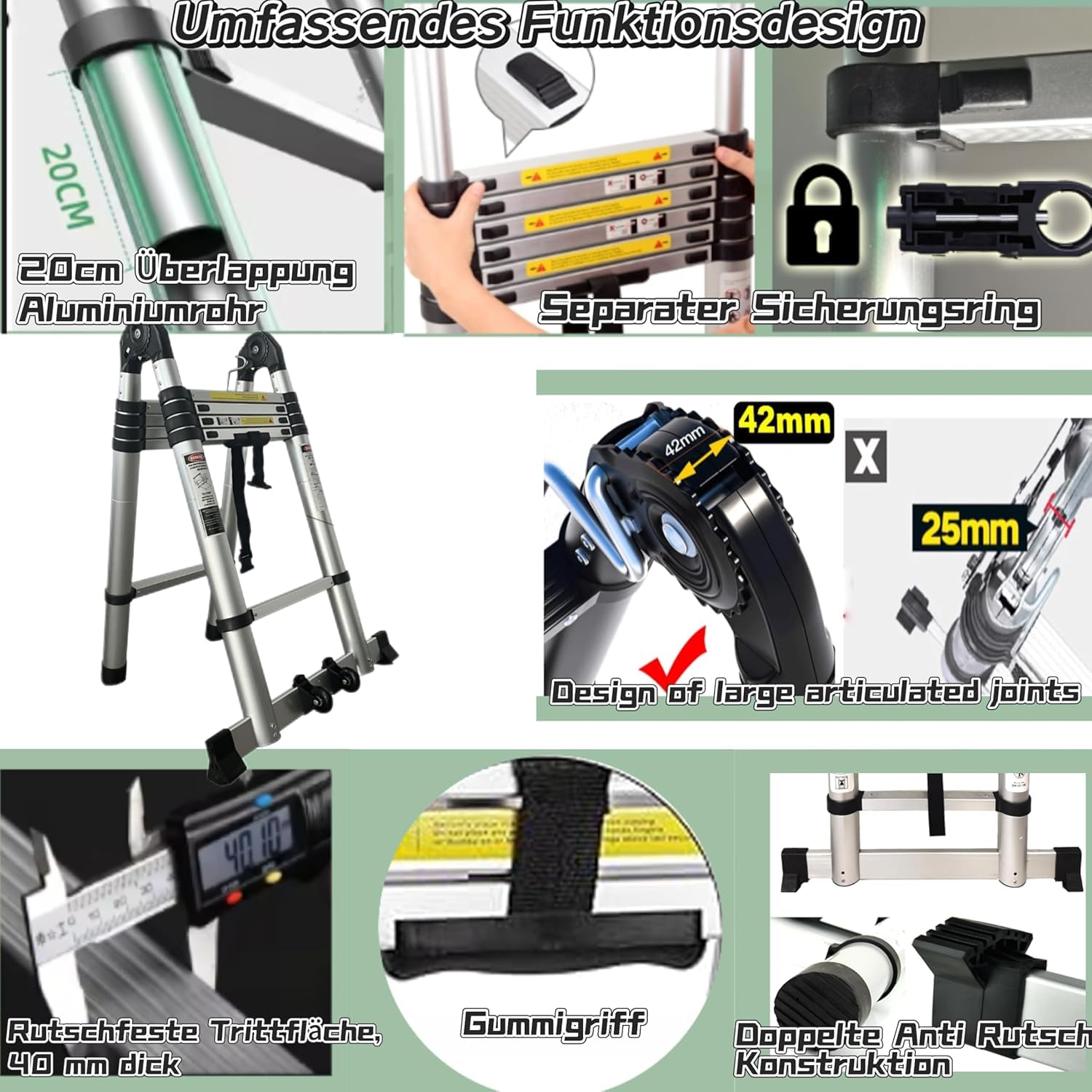 Hooha Teleskopleiter4.2m/5.8m/6.6m Step Ladder für Wohnmobil Wohnmobil-Leiter für Reisen Aluminium Ausziehleiter Strapazierfähig rutschfeste mit Räder für Dachboden Max Belastung Tragkraft 150 kg
