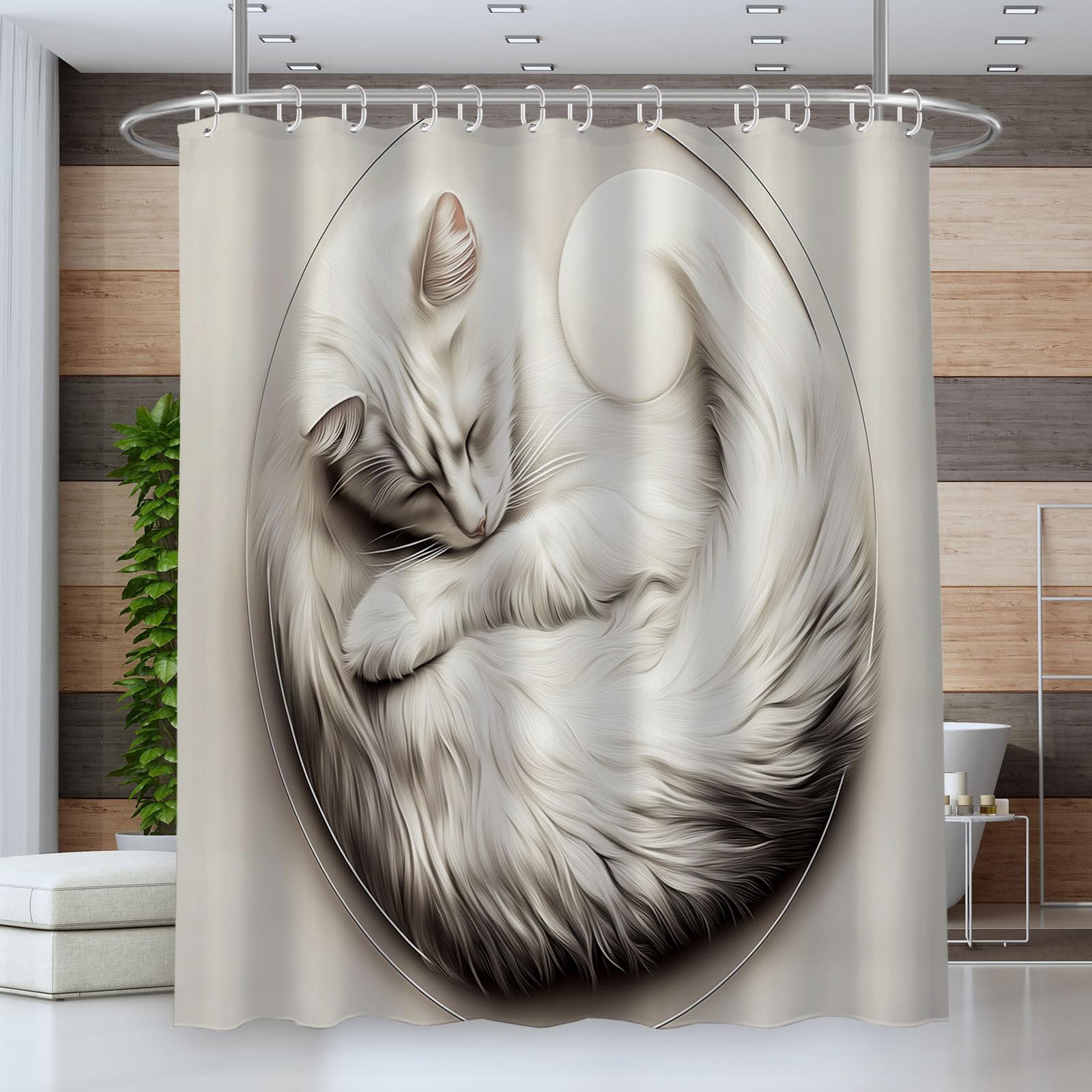 Rideau de douche chat blanc pour créer une ambiance moderne et zen dans votre baignoire