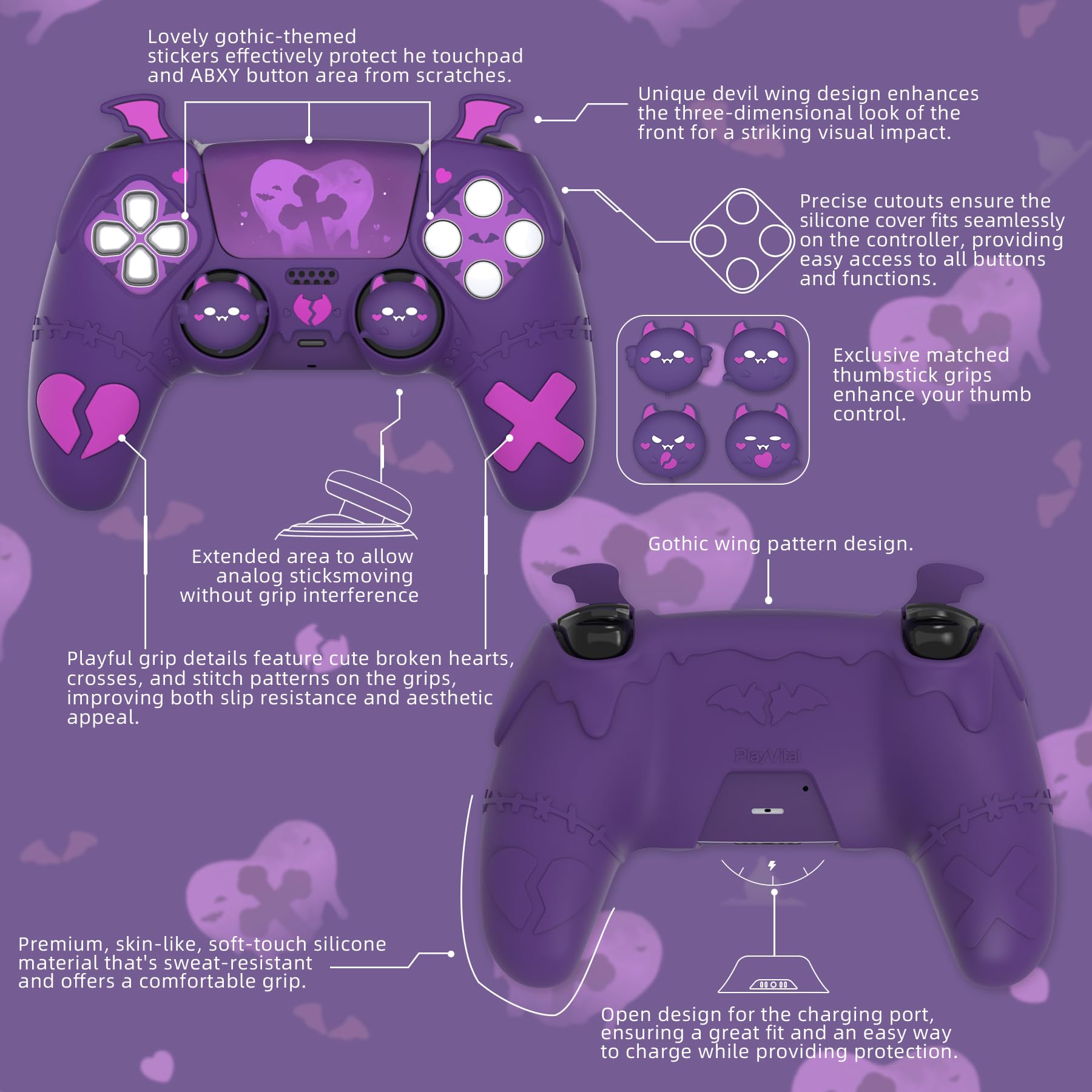 PlayVital Etui na Kontroler do ps5 z Nakładkami Joystick i Naklejką Skin,Silikonowa Osłona Ochronna do ps5, Kompatybilna ze Stacją Ładującą – Fioletowy(Seria Gothic Imp)