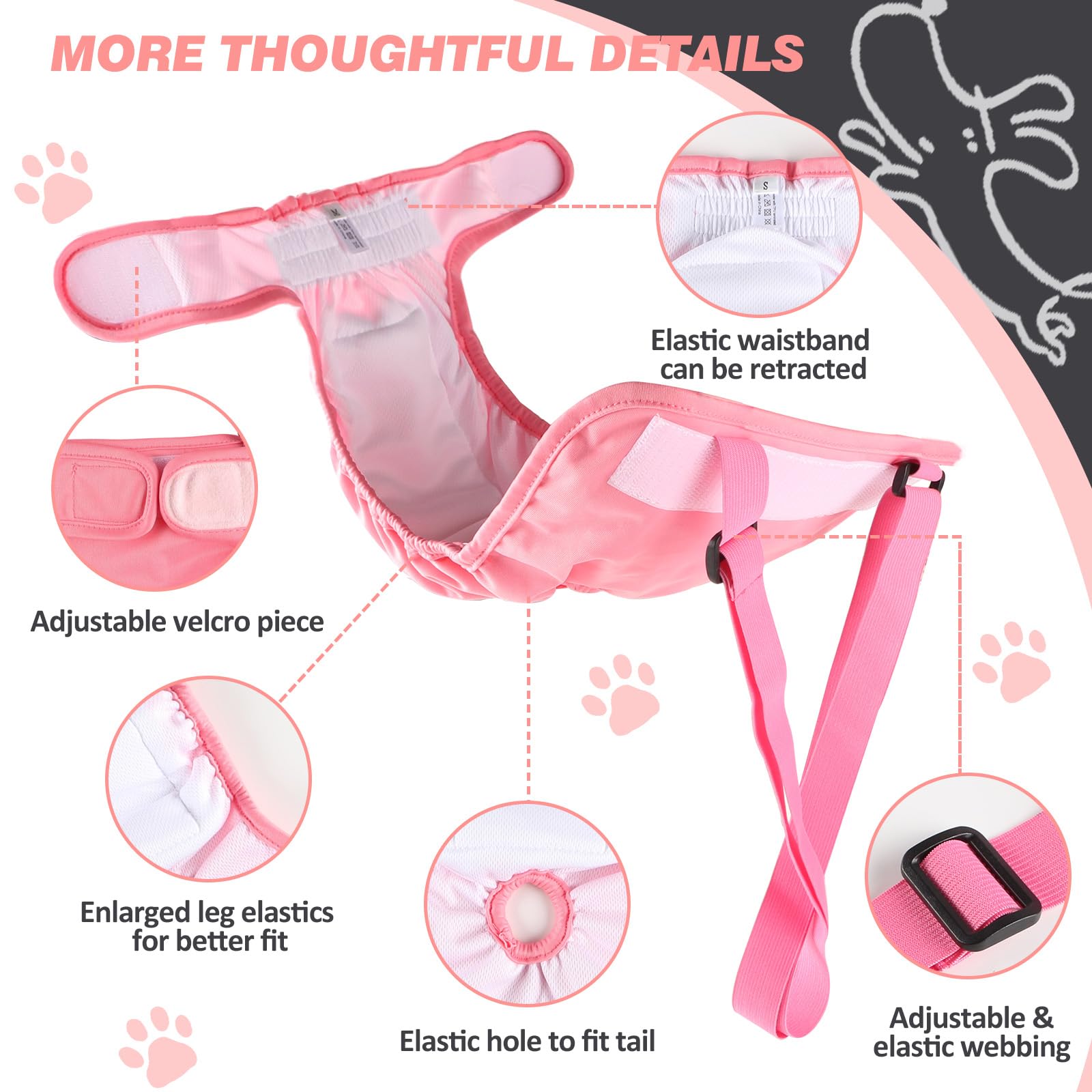 Hisprout 3-Pack Female Dog Diaper with Suspender Reusable Washable Breathable Durable Doggie Pants for Heat Season Period Incontinence(L,Pink/Purple/Black) - Image 2