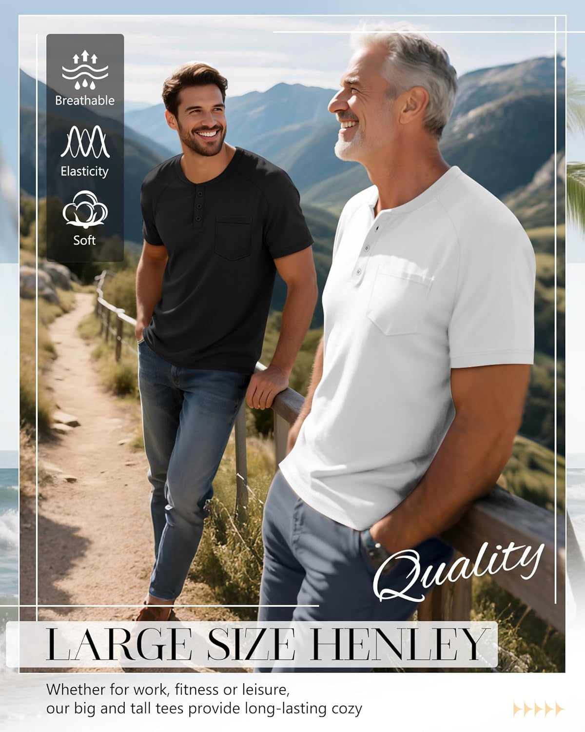 3 Pack Men's Big and Tall Henley T-Shirts, Short Sleeve Raglan Button Pullover Summer Basic Tee Tops with Pocket - Image 5