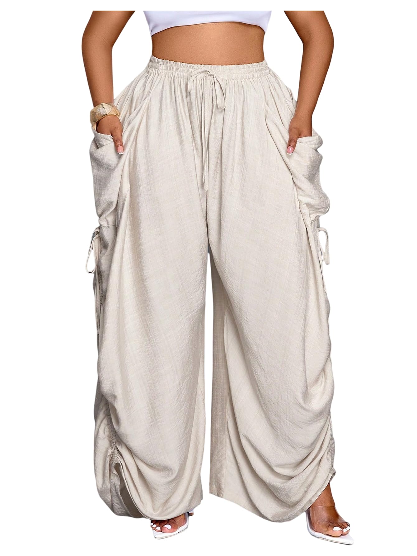 Womens Plus Size Baggy Pants Drawstring Elastic Waist Wide Leg Palazzo Pants Loose Trousers with Pocket