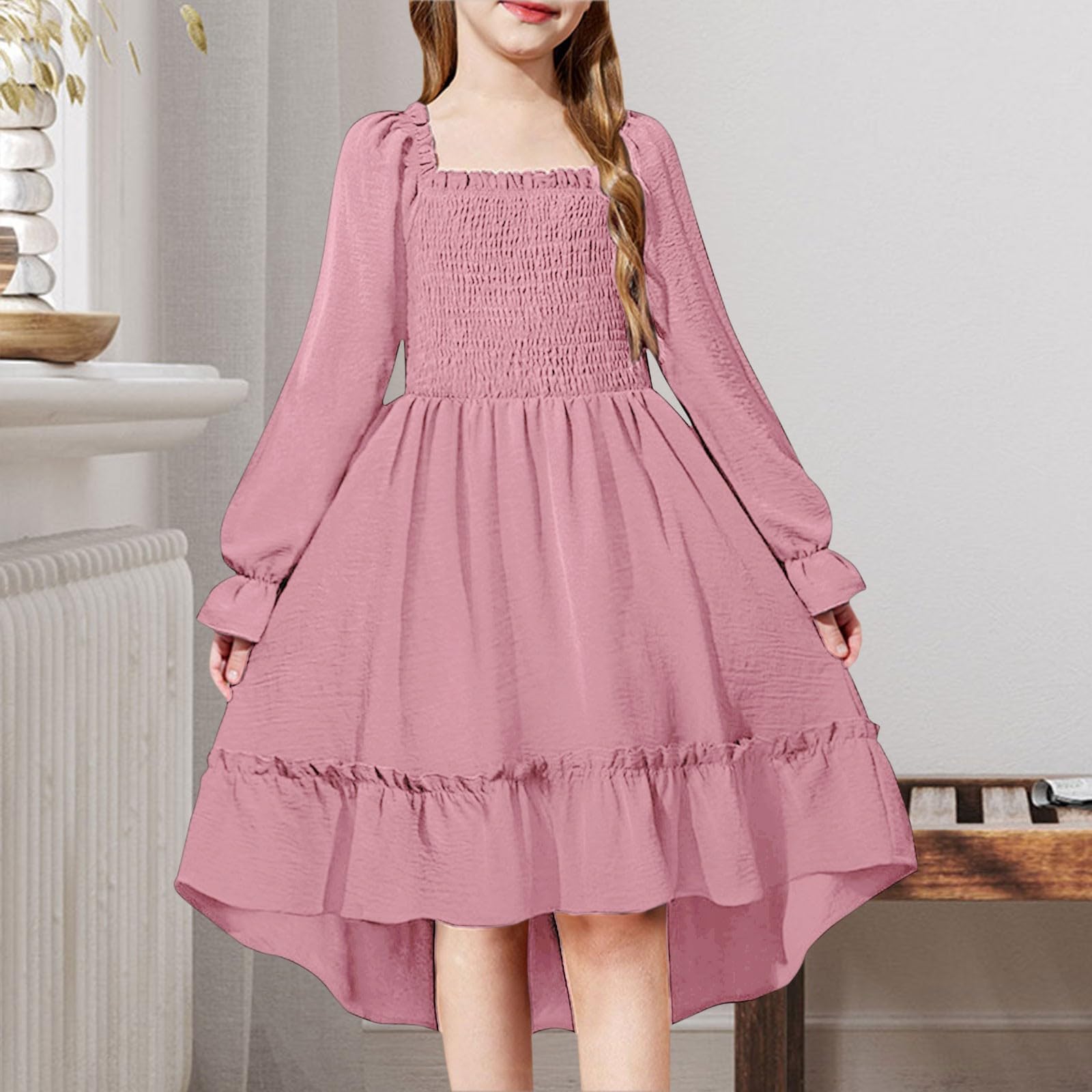 Vestito da ragazza con scollo quadrato e punto smock alto basso a maniche lunghe abito estivo per bambini casual A-Line Swing volant abiti da festa di compleanno per matrimoni