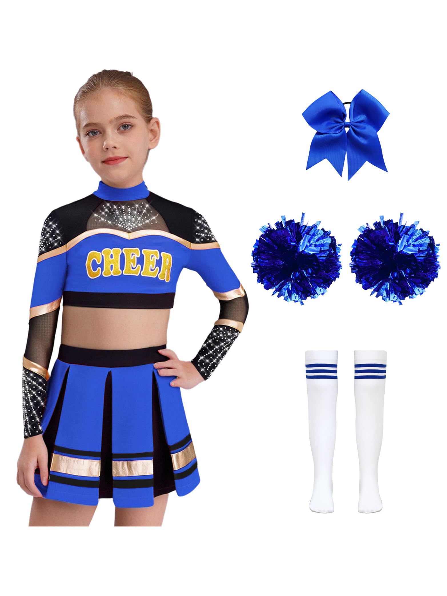 Pompoms - Costume da cheerleading per bambini, a maniche lunghe, senza pancia, con gonna a pieghe, motivo floreale, 5 pezzi