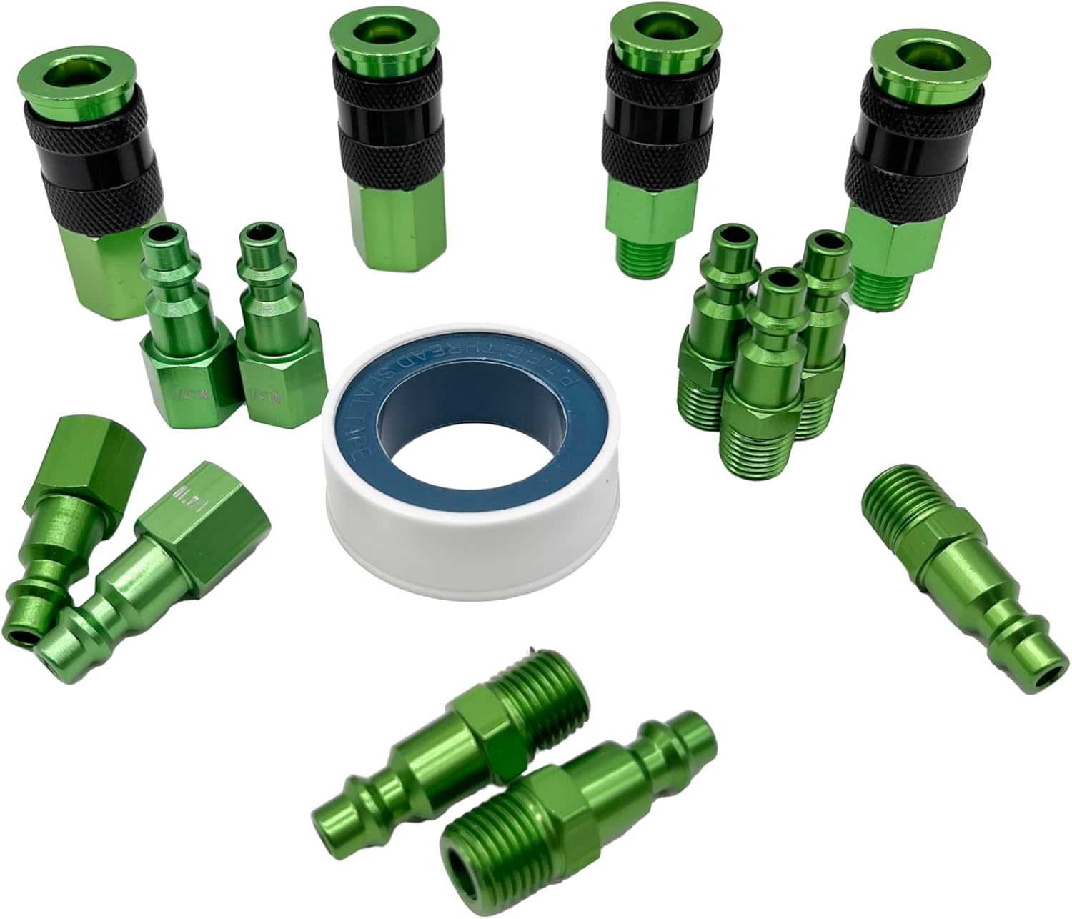 1/4-inch air hose fittings,air compressor quick connect fittings,15 Pieces Air Coupler and Plug Kit,Heavy Duty Aluminum,Lightweight Connector Set,Green