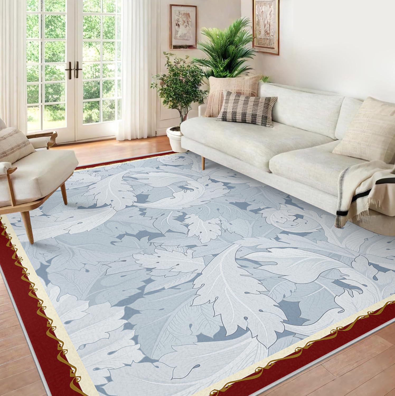 Tapis botanique 160x200cm gris doux à poils ras et motifs orientaux fins