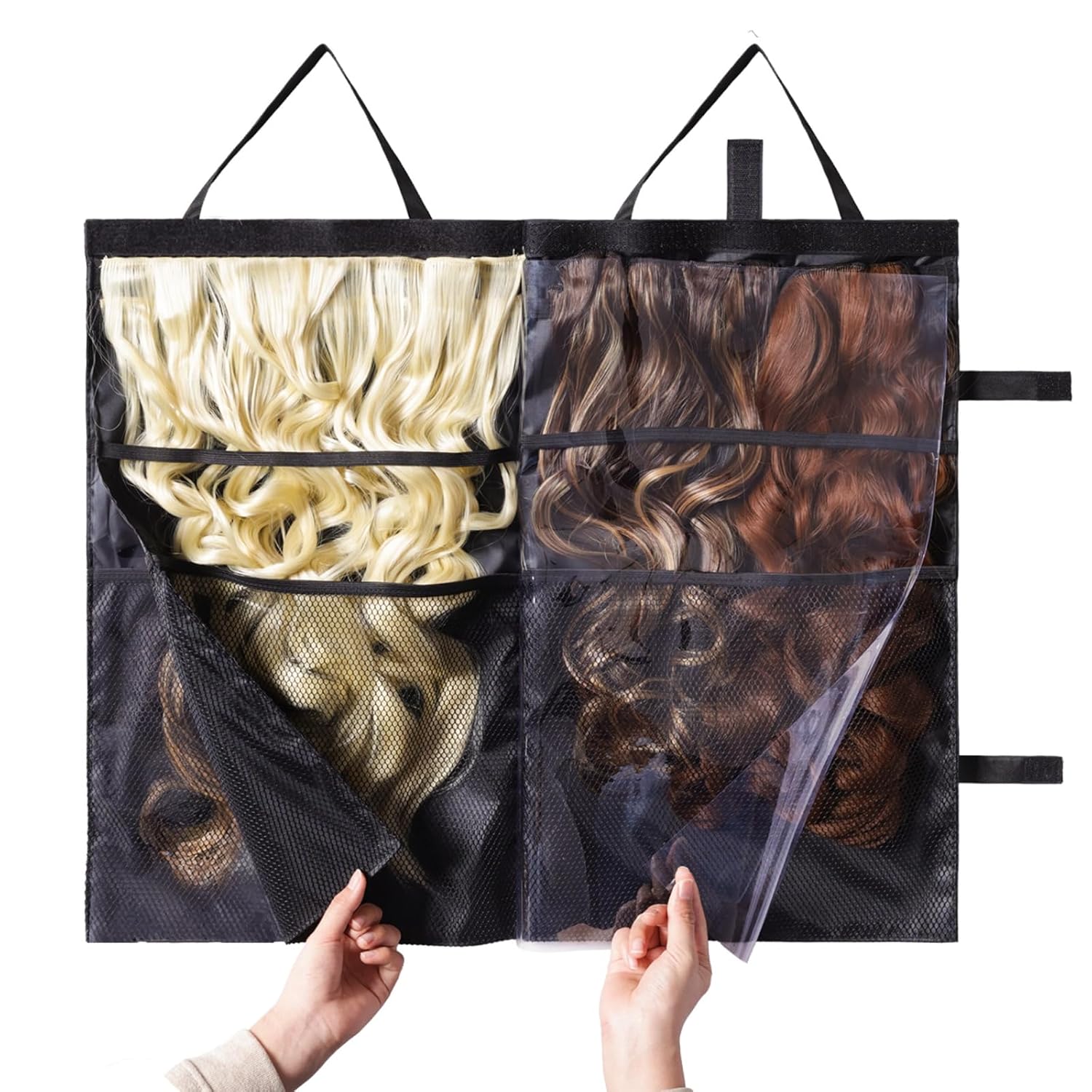 Travel-Friendly Halo Hair Extensions Holder Bag - Lightweight, Easy Fold, PVC Film And Fine Lining Prevents Wig Frizzy, Portable Wig Storage Hanger for Multiple Hairpieces (Black)