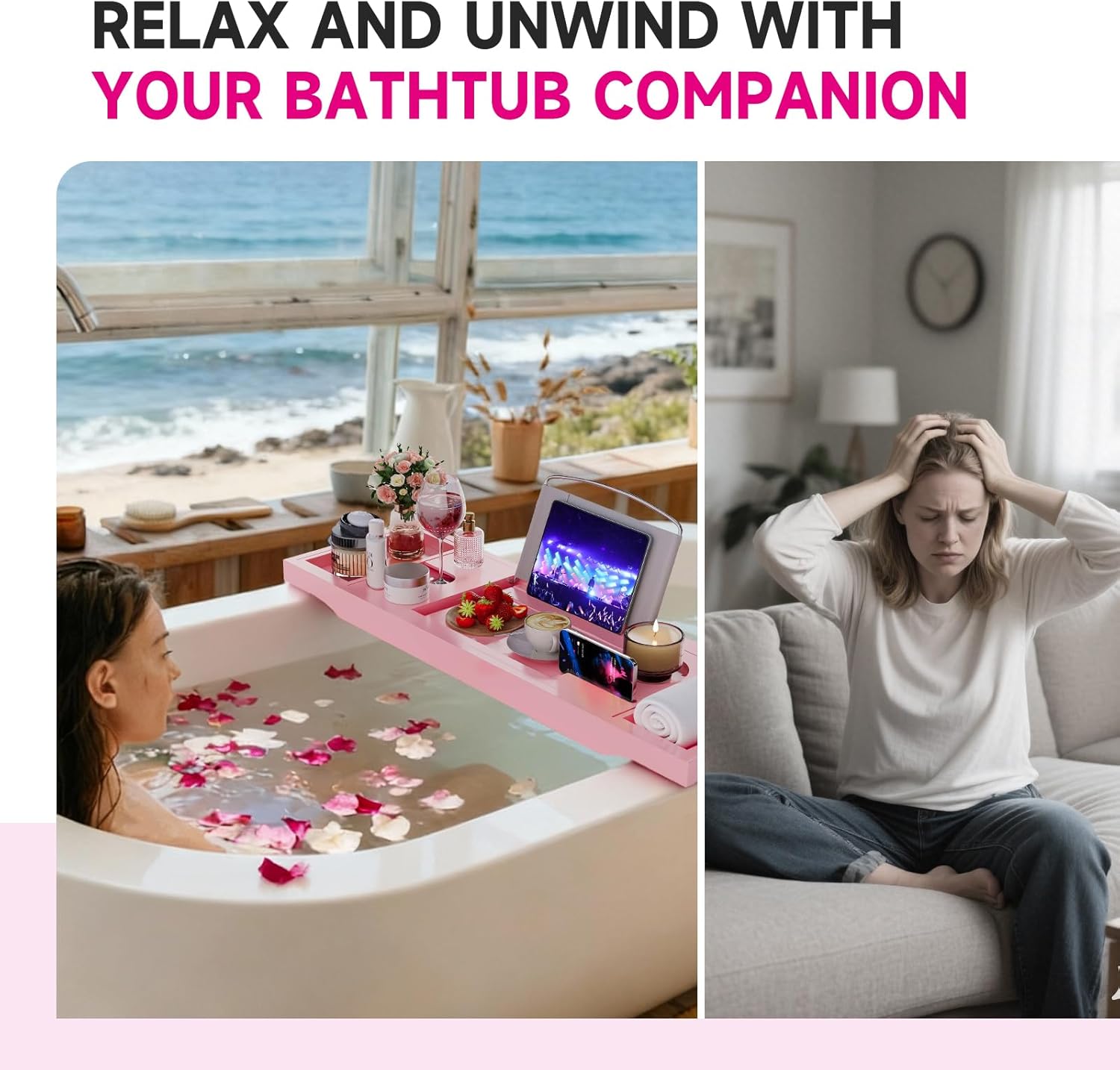 Foldable Bathtub Caddy Tray, Bamboo Bath Tub Tray Table for Tub with Wine Glass Holder Book Phone Tablet Holder with Extending Sides, Adjustable Bathroom Bathtub Free Soap Holder Gift Idea (Pink)
