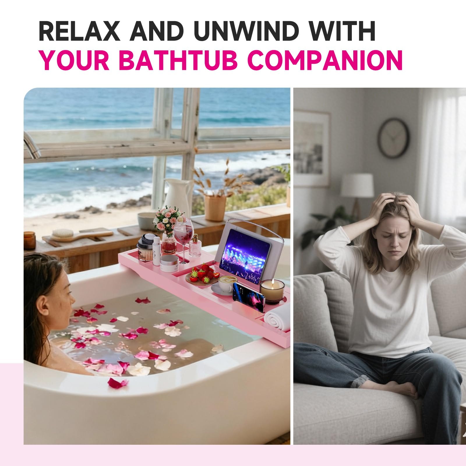 Bandeja Plegable para bañera, Bandeja de bambú para bañera con Soporte para Copas de Vino, Soporte para Libro, teléfono, Tableta con Lados Extensibles, Ajustable, Soporte para jabón Gratis (Rosa)