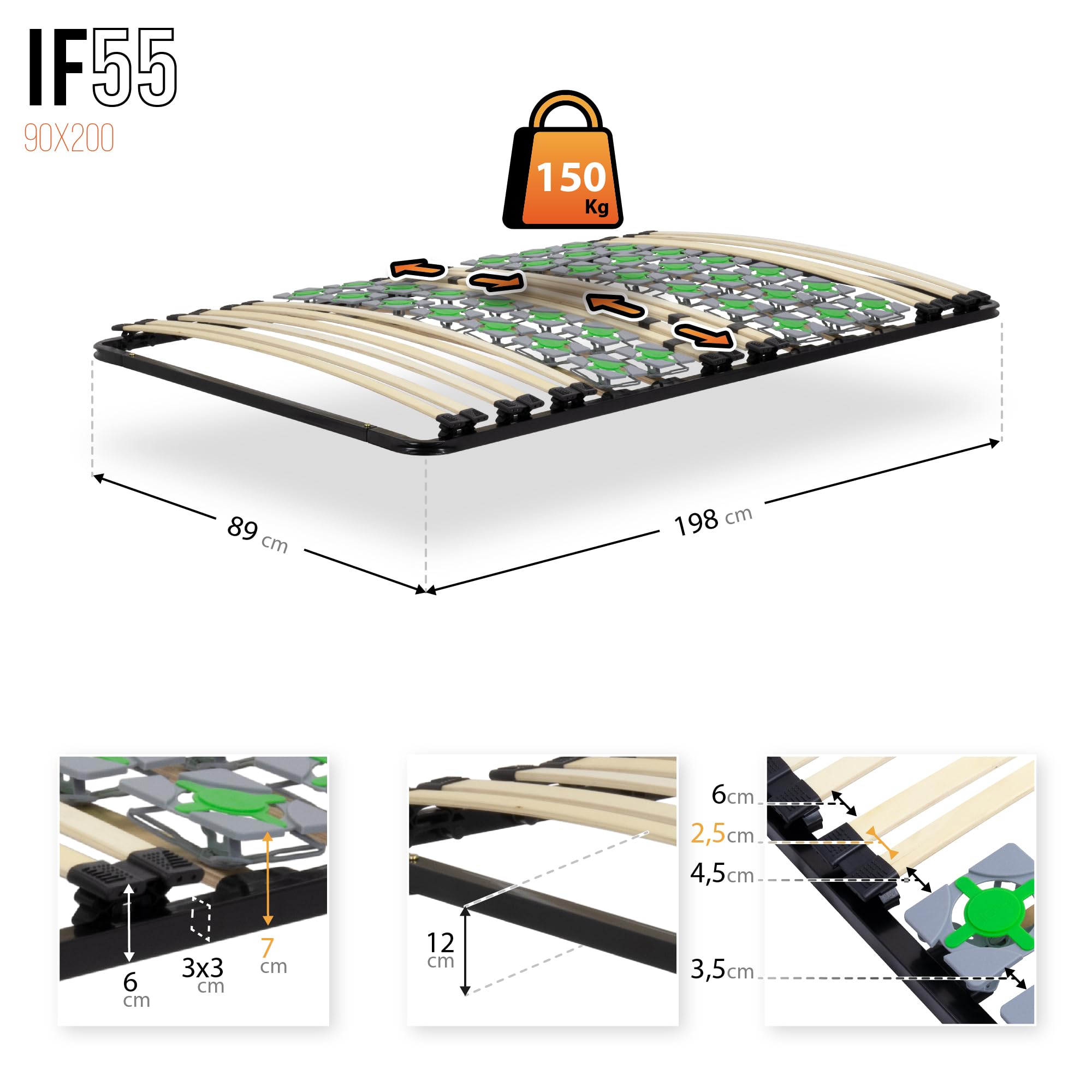 i-flair Tellerlattenrost 90x200 cm, Lattenrahmen Ergo IF55 - für alle Matratzen und Betten geeignet