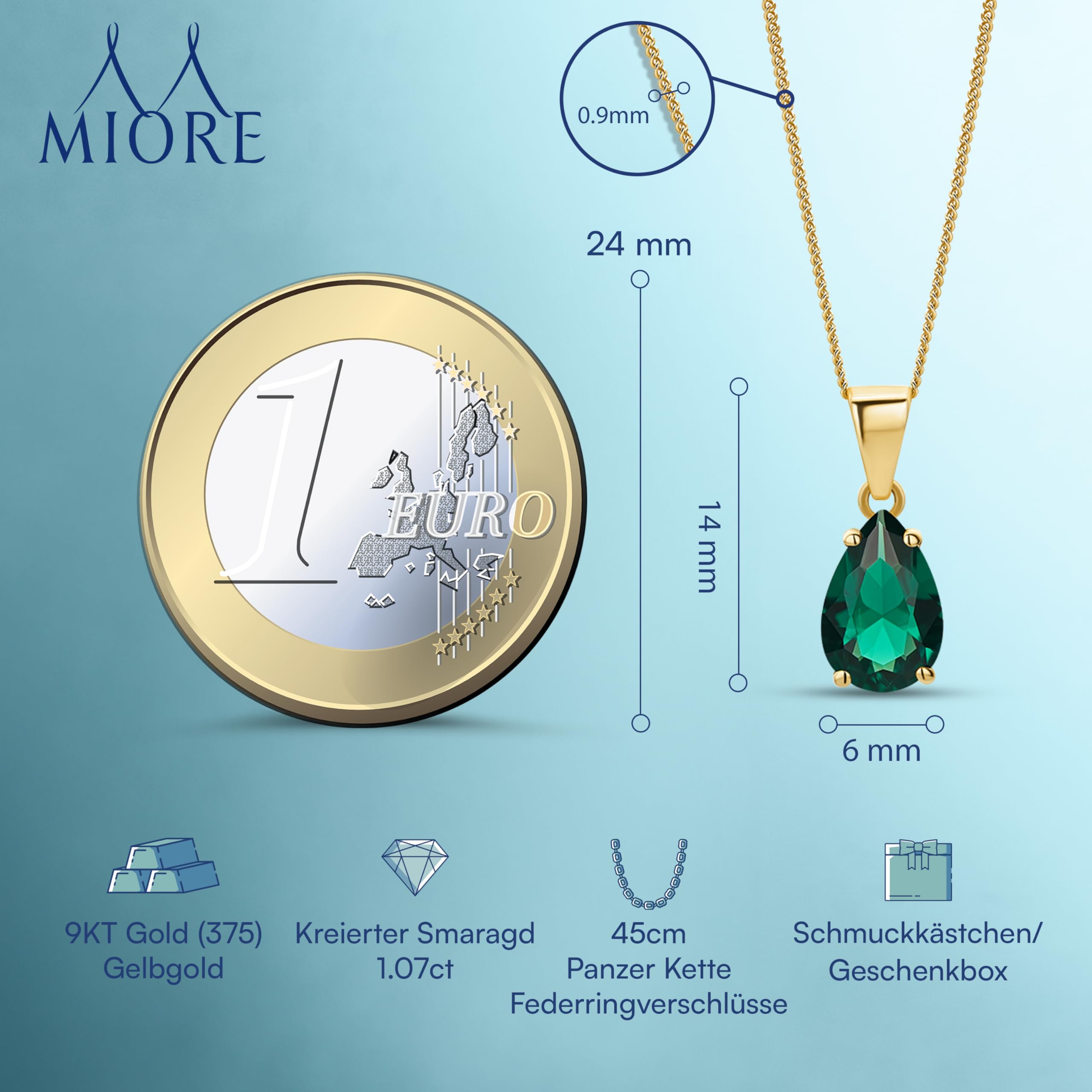 MIORE Damen Halskette Tropfen Design echtes 9 Karat (375) Gelbgold Labor Rubin/Saphir/Smaragd Gold Kette, Panzerkette Länge 45 cm Handgemachter Damen Schmuck aus Spanien