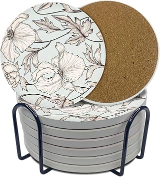 Ceramic Coasters Set of 6, Marble-Textured Design with Holder - Absorbent Cork-Backed Coasters for Cups, Bar & Coffee Table Decor Accessories Flower-Leaves, 6 Pack
