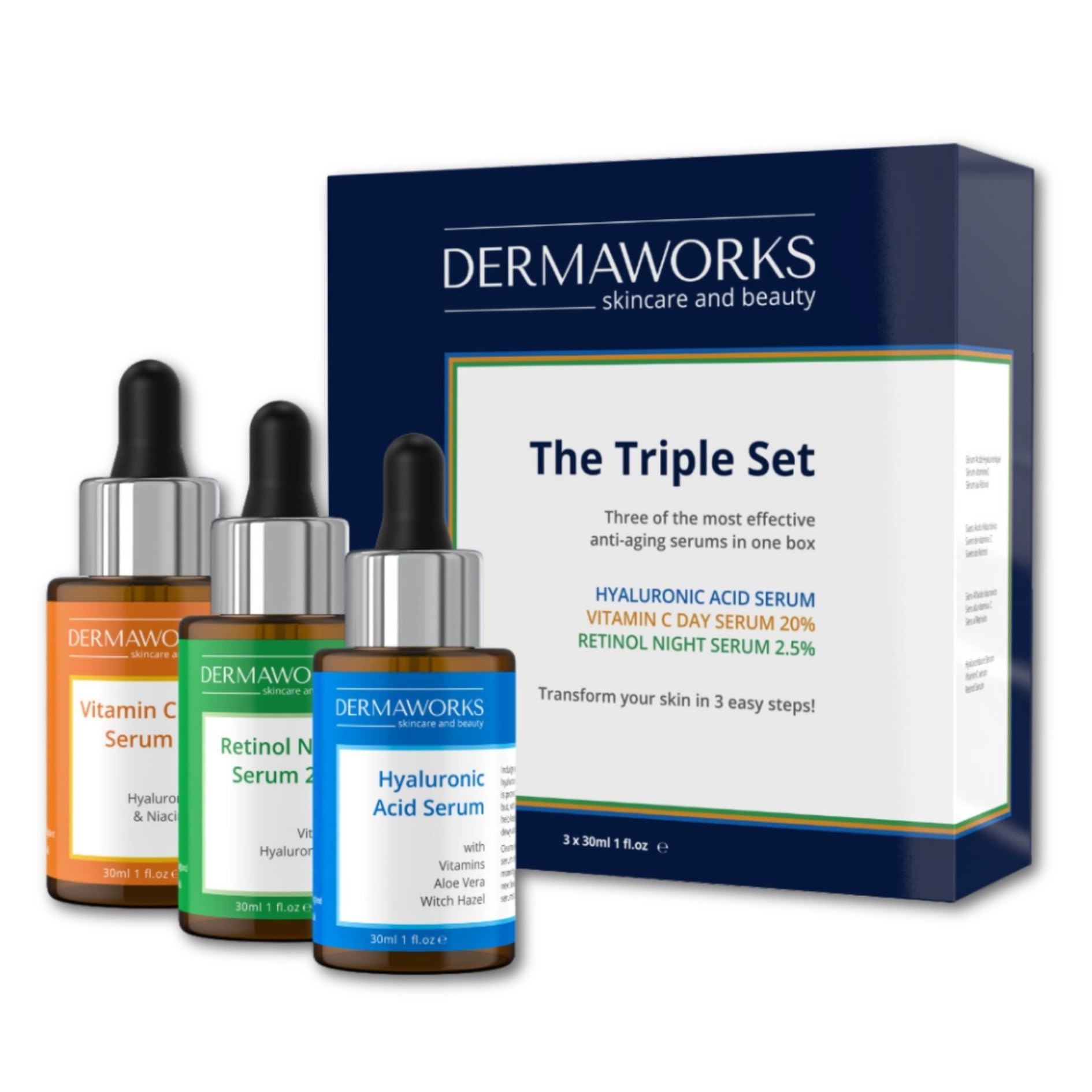 FACIAL SERUMS SKIN CARE SET – VITAMIN C Serum for Face with Niacinamide - RETINOL with Vitamin E – HYALURONIC ACID Serum with Aloe Vera - Brightening, Hydrating, Renewing, Anti Aging by DERMAWORKS