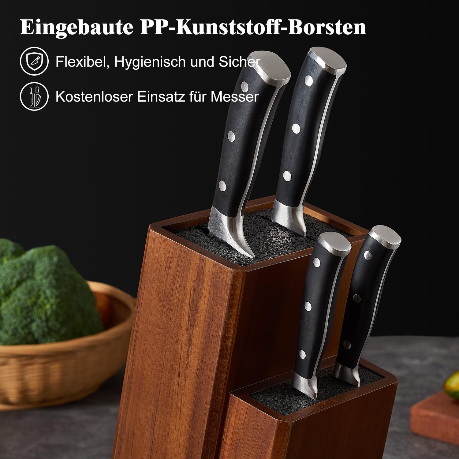 ENOKING Messerblock Aus Akazienholz Mit Abnehmbaren Kunststoffborsten - Universal Messerhalter für die Küchenzeile
