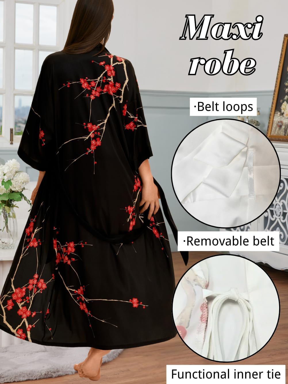 Women's Silky Kimono Robe Fits 0-10, Elegant Floral Lightweight Satin Loungewear for Bride & Valentine Gifts - Image 3
