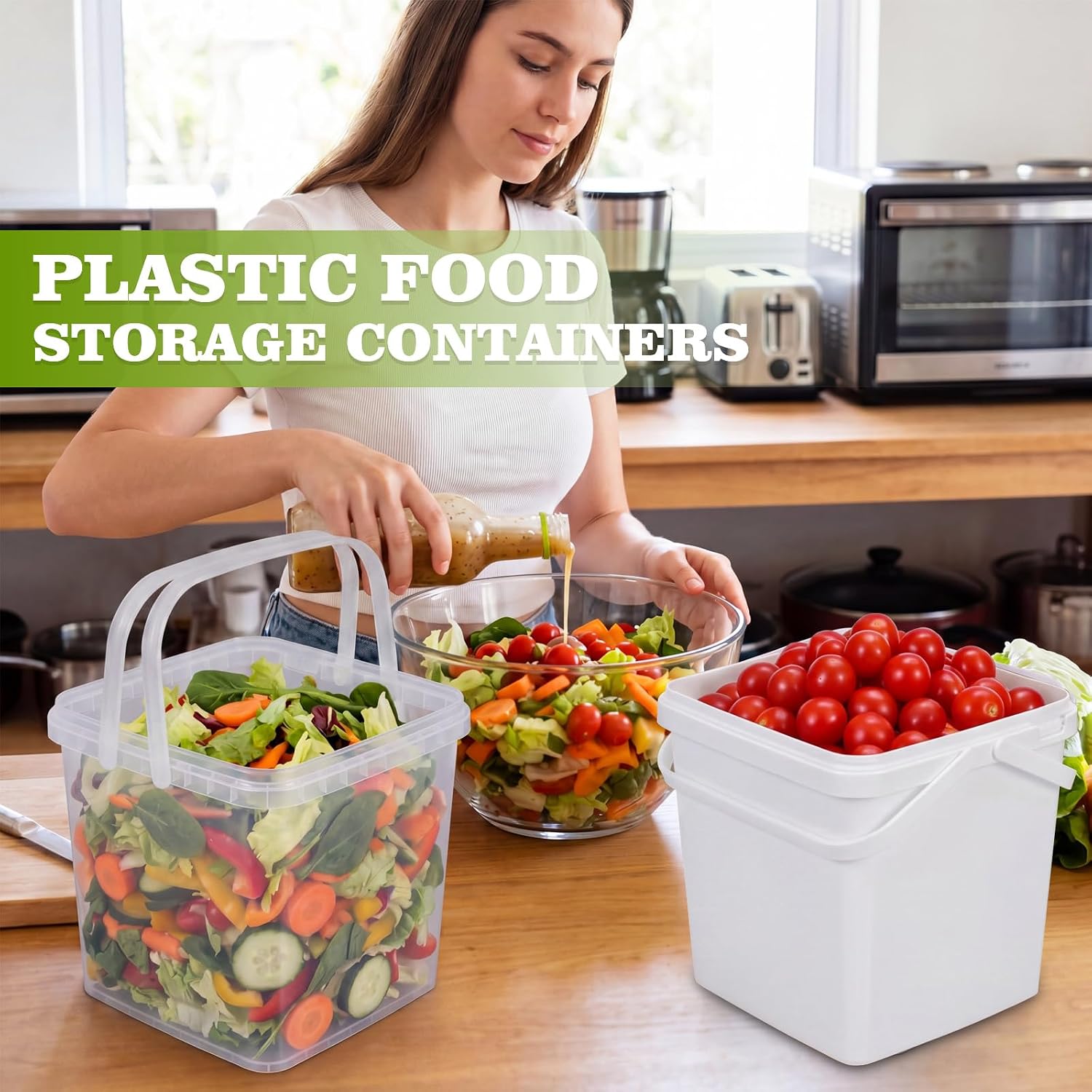 METAPACK 1.3 Gallon 5 Pack Double Handles Square Bucket, Food Grade Plastic Bucket with Lid, Clear Stackable Food Storage Containers Set for Kitchen Organization,Fruit,Cookies,Dry Goods