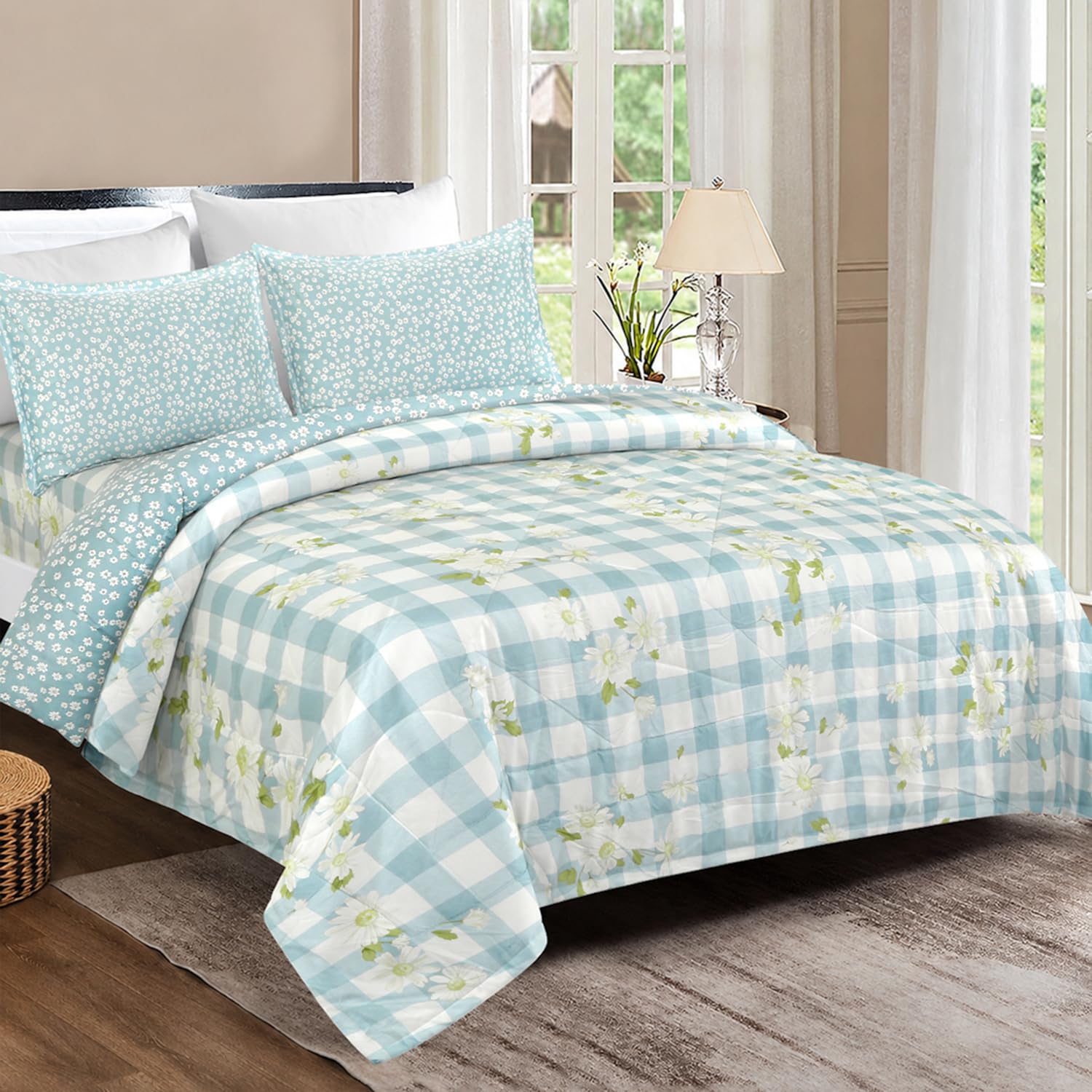 Reversible Cotton Comforter and Bedsheet Luxury Collection for King Bed (Aqua Daisy Check, Comforter + Bedsheet Set)-image-33
