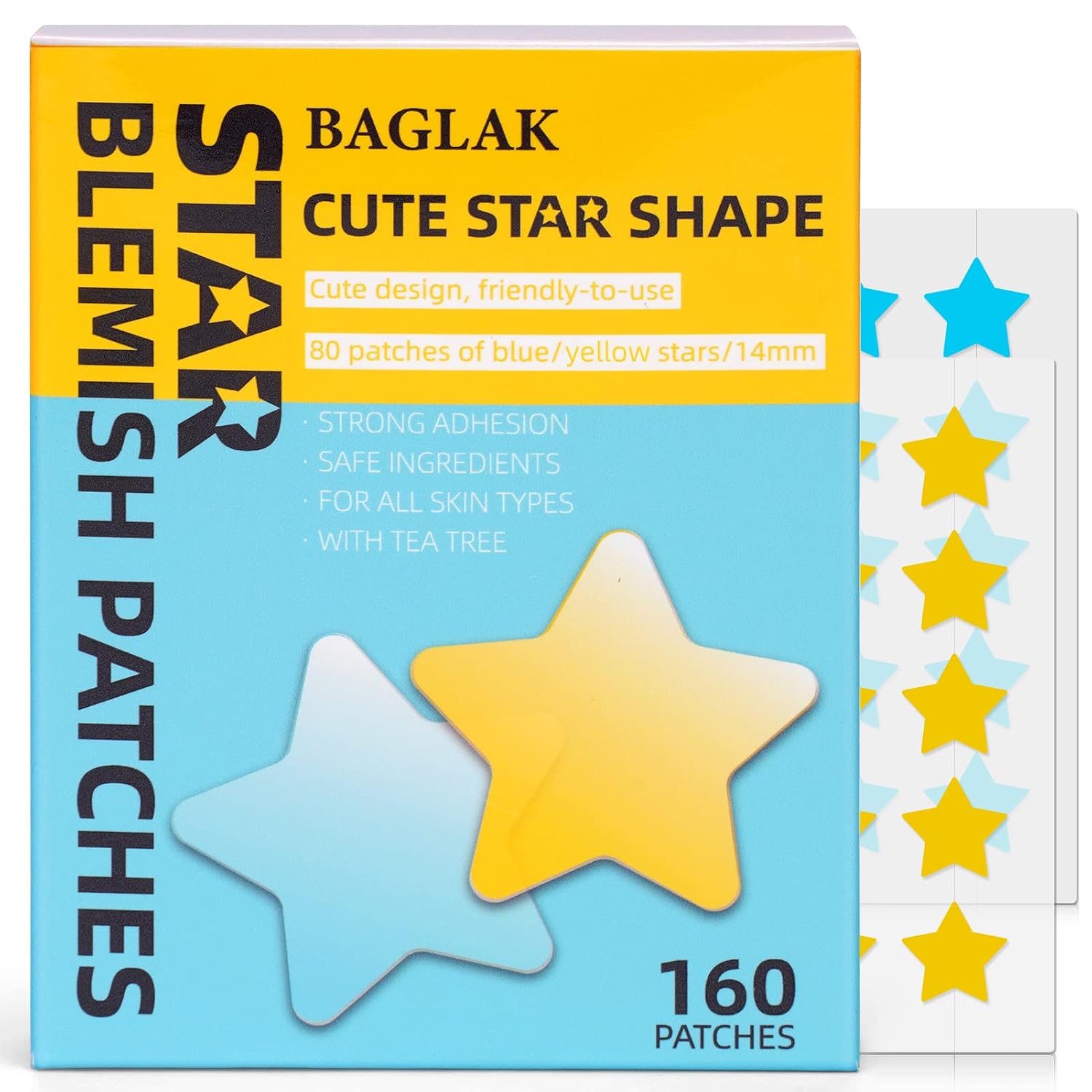 BAGLAK Star Shape Pimple Patch/Stickers To Cover Facial Blemishes -160 Patches - Yellow & Blue, Hydrocolloid Spot Dots