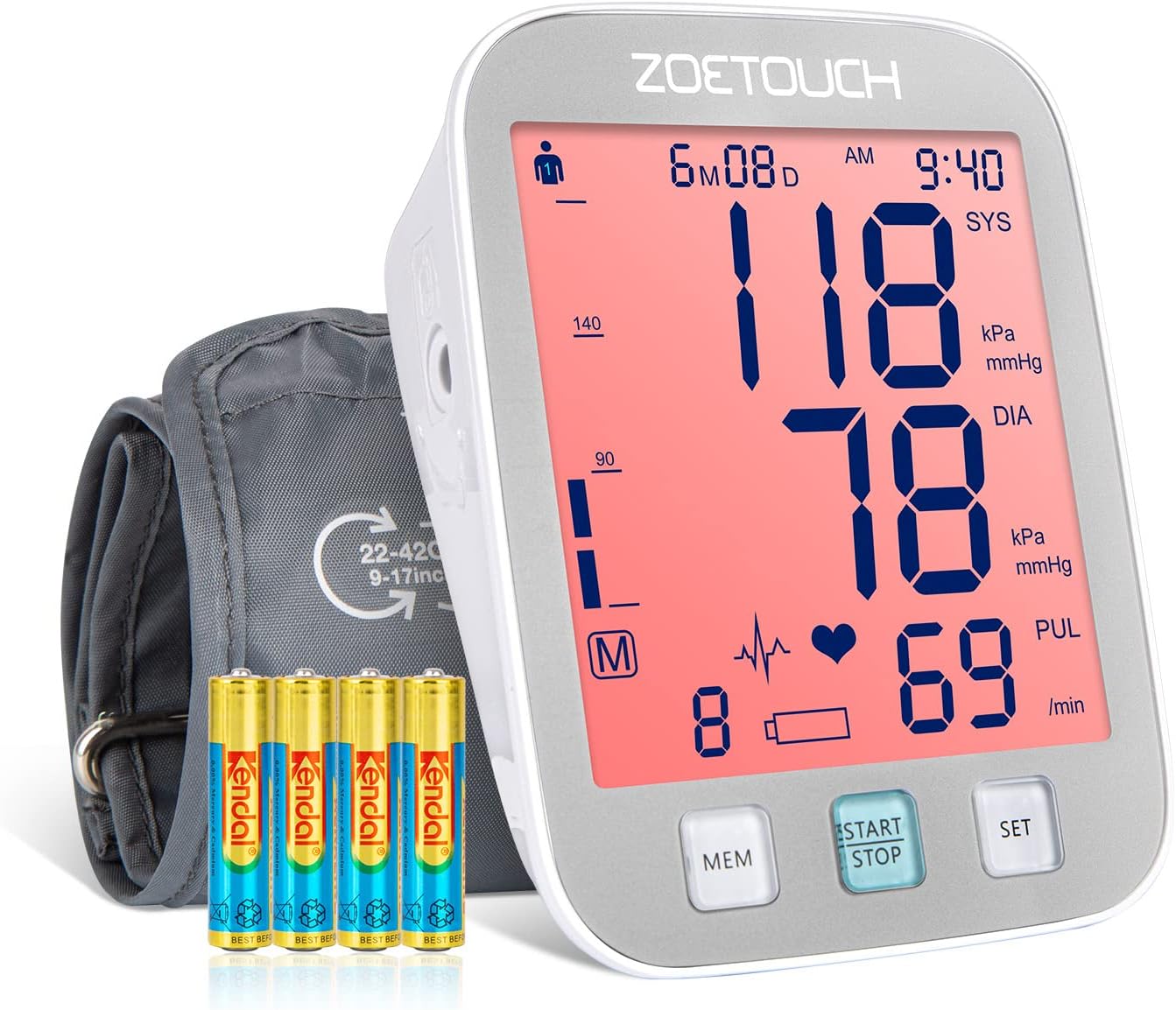 ZOETOUCH Blood Pressure Monitor Upper Arm for Home use, Automatic BP Monitor with Digital LCD Display, 8.6''-16.5'' Large Cuff, Storage Bag, Auto Off, 4 AAA Batteries Included