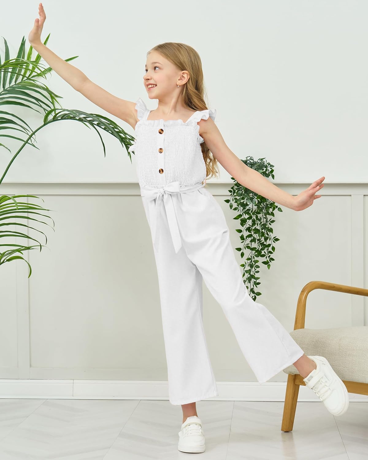 SODLON Girls Jumpsuit Kids Clothes Fashion Ruffle Sleeveless Wide Leg Belted Romper Smocked Summer Outfits with Pockets