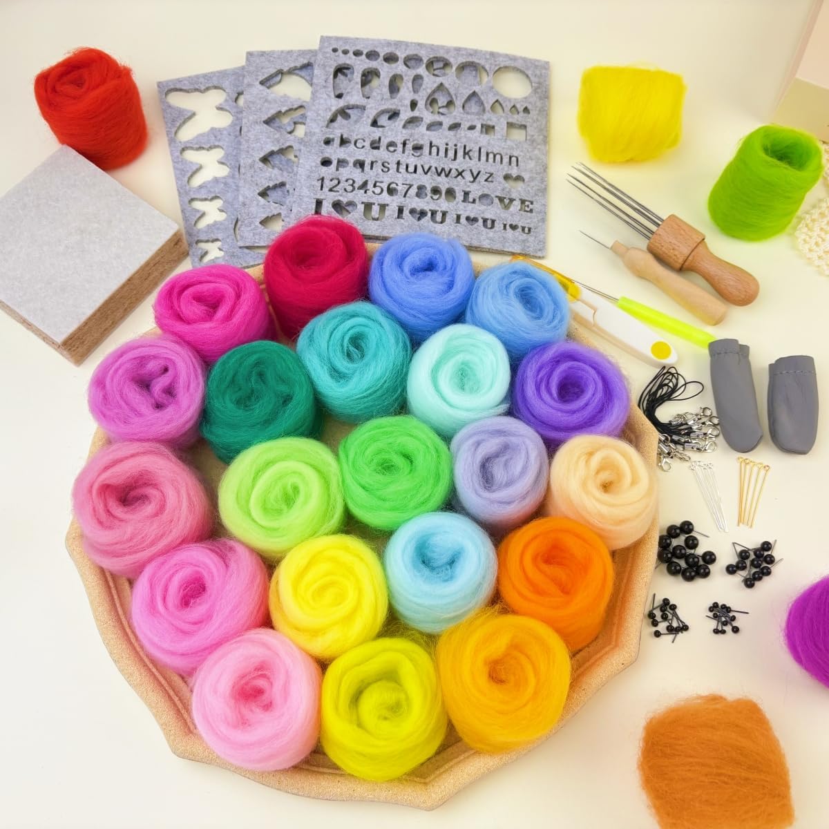 IcosaMro Needle Felting Kit 48 Color Wool Roving with Felting Needles 100 Pcs Wool Felt Supplies Tools Felt Working Pad