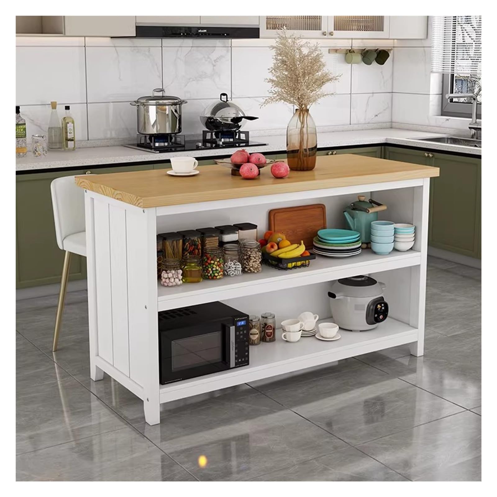 Zephyria Mobile da cucina con cassetti, Cucina in legno con isola, struttura bianca, ripiani aperti a 2 livelli, per bancone della cucina, soggiorno, ingresso(S)