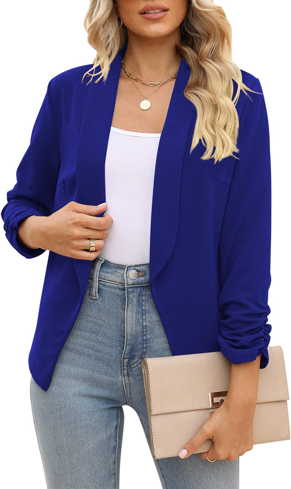 Women 3/4 Sleeve Blazer Open Front Cardigan Jacket Work Office Blazer
