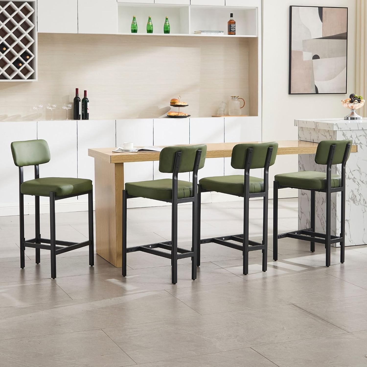 LukeAlon PU Leather Counter Stools Set of 4, Upholstered 26" Seat Height Modern Barstools with Metal Legs Curved Back Kitchen Island Stools for Home Pub, Green