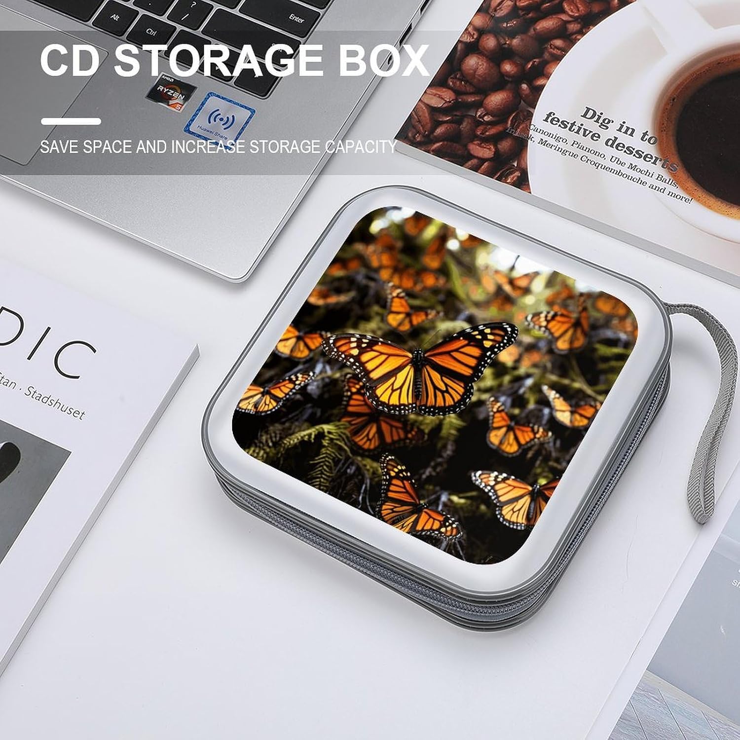 Orange Monarch Butterflies CD Case 40 Capacity Hard Plastic DVD Case Portable Zipper CD Case Holder Disc Cases Storage Binder Large Storage Disc Wallet Bag for Car Home Office Travel
